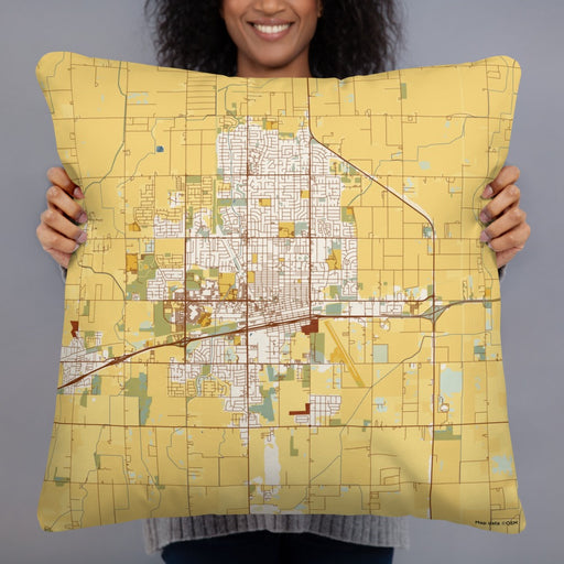 Person holding 22x22 Custom Hanford California Map Throw Pillow in Woodblock