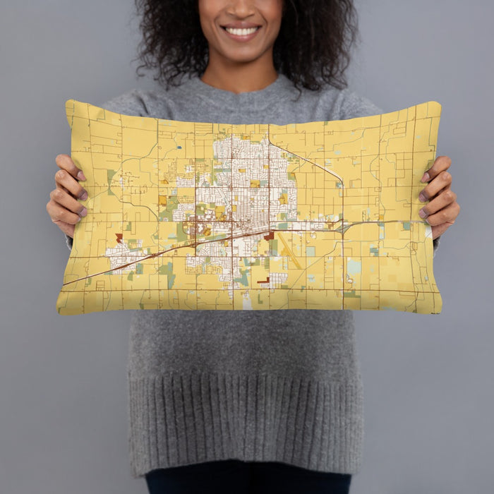 Person holding 20x12 Custom Hanford California Map Throw Pillow in Woodblock