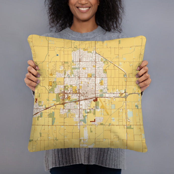Person holding 18x18 Custom Hanford California Map Throw Pillow in Woodblock