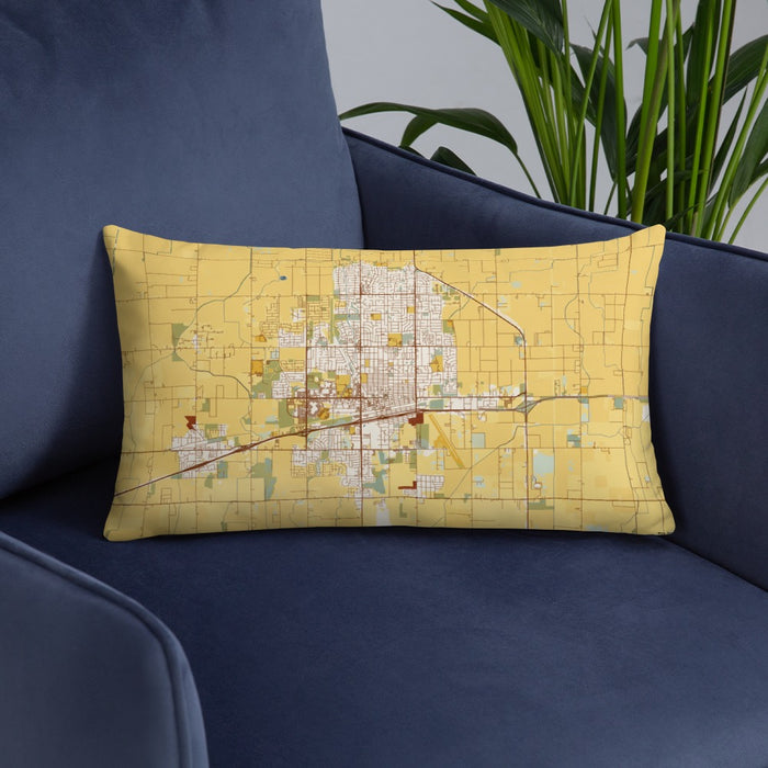 Custom Hanford California Map Throw Pillow in Woodblock on Blue Colored Chair