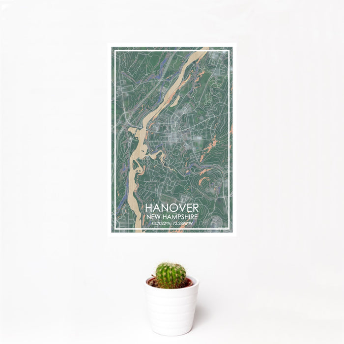 12x18 Hanover New Hampshire Map Print Portrait Orientation in Afternoon Style With Small Cactus Plant in White Planter