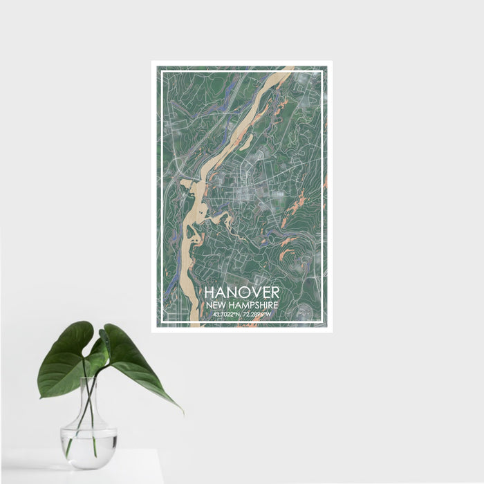 16x24 Hanover New Hampshire Map Print Portrait Orientation in Afternoon Style With Tropical Plant Leaves in Water