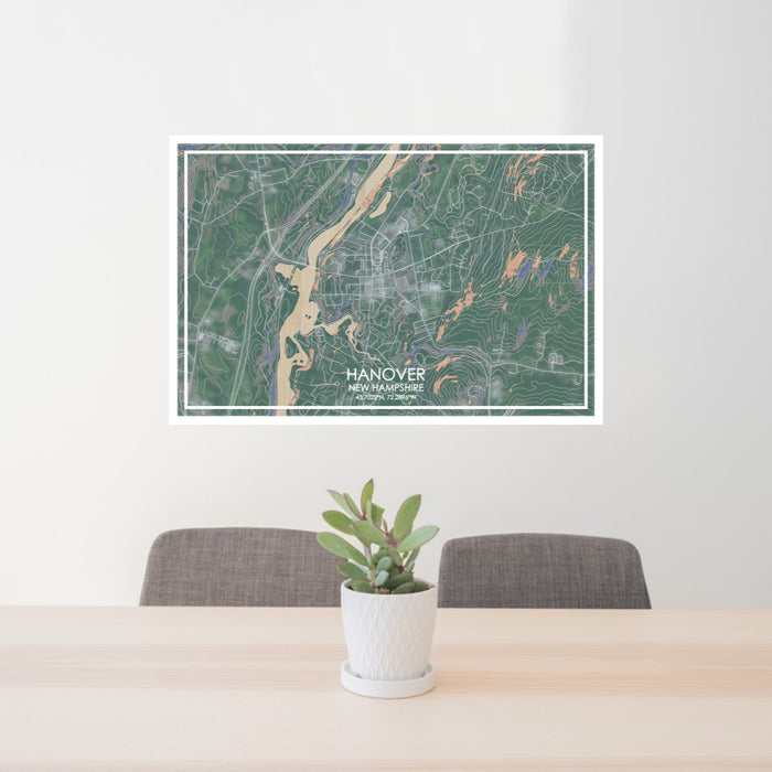 24x36 Hanover New Hampshire Map Print Lanscape Orientation in Afternoon Style Behind 2 Chairs Table and Potted Plant