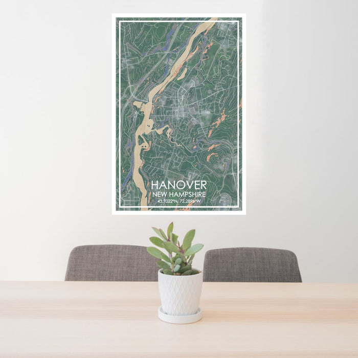 24x36 Hanover New Hampshire Map Print Portrait Orientation in Afternoon Style Behind 2 Chairs Table and Potted Plant