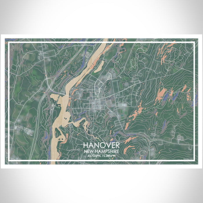 Hanover New Hampshire Map Print Landscape Orientation in Afternoon Style With Shaded Background