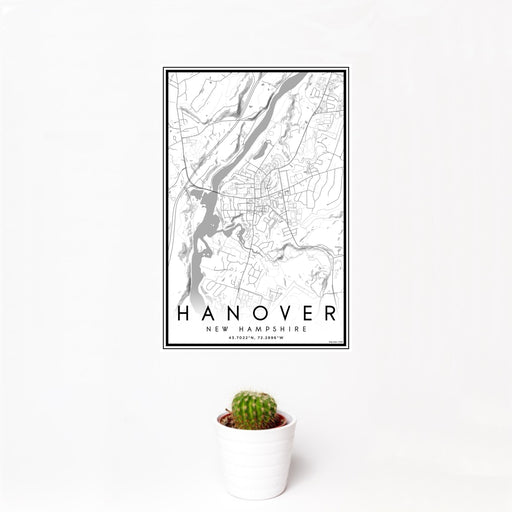12x18 Hanover New Hampshire Map Print Portrait Orientation in Classic Style With Small Cactus Plant in White Planter
