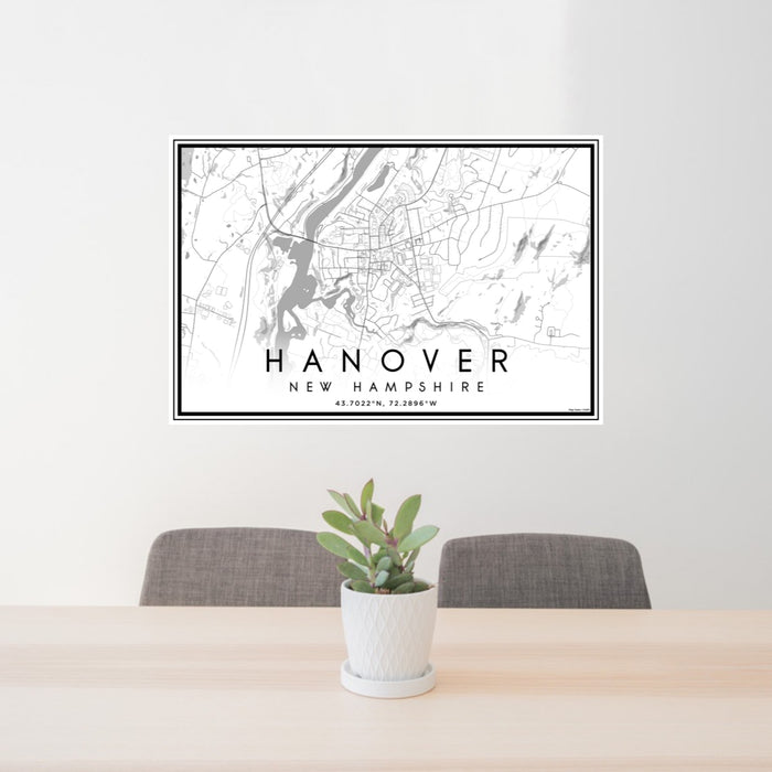 24x36 Hanover New Hampshire Map Print Landscape Orientation in Classic Style Behind 2 Chairs Table and Potted Plant