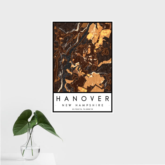 16x24 Hanover New Hampshire Map Print Portrait Orientation in Ember Style With Tropical Plant Leaves in Water