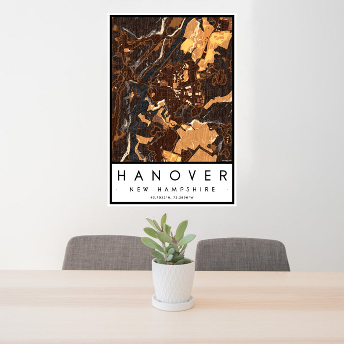 24x36 Hanover New Hampshire Map Print Portrait Orientation in Ember Style Behind 2 Chairs Table and Potted Plant