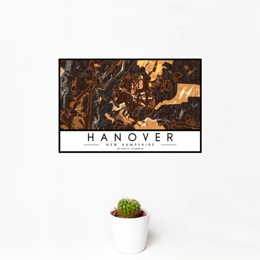 12x18 Hanover New Hampshire Map Print Landscape Orientation in Ember Style With Small Cactus Plant in White Planter
