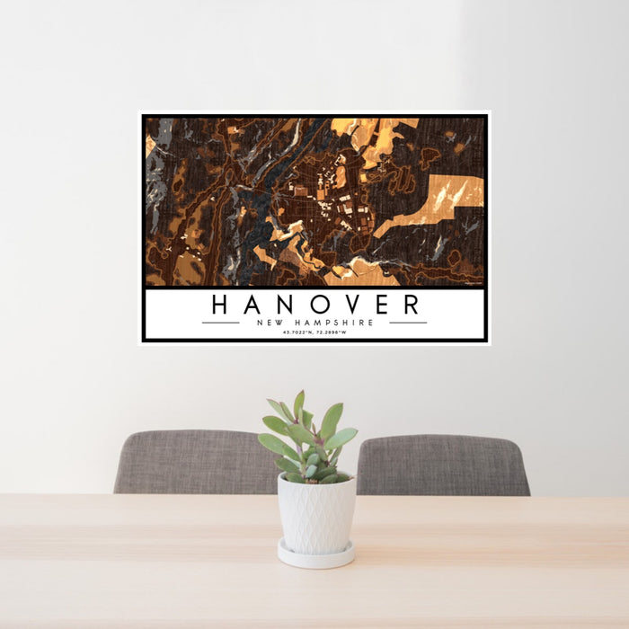 24x36 Hanover New Hampshire Map Print Landscape Orientation in Ember Style Behind 2 Chairs Table and Potted Plant