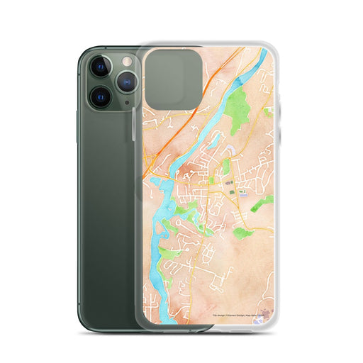Custom Hanover New Hampshire Map Phone Case in Watercolor on Table with Laptop and Plant