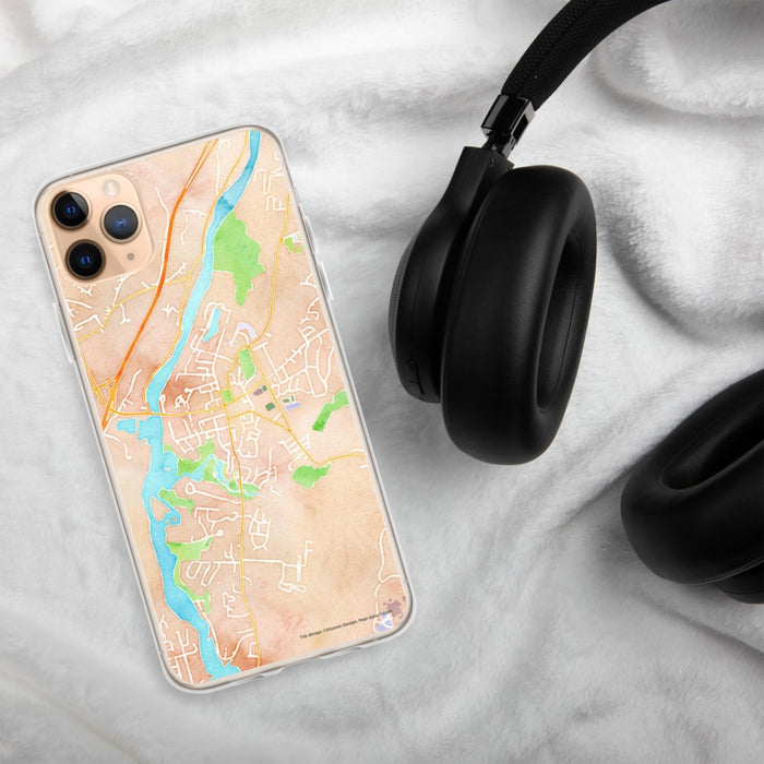 Custom Hanover New Hampshire Map Phone Case in Watercolor on Table with Black Headphones