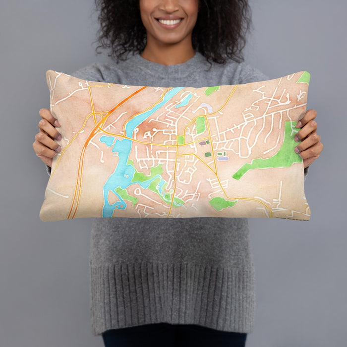 Person holding 20x12 Custom Hanover New Hampshire Map Throw Pillow in Watercolor
