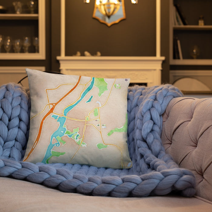 Custom Hanover New Hampshire Map Throw Pillow in Watercolor on Cream Colored Couch