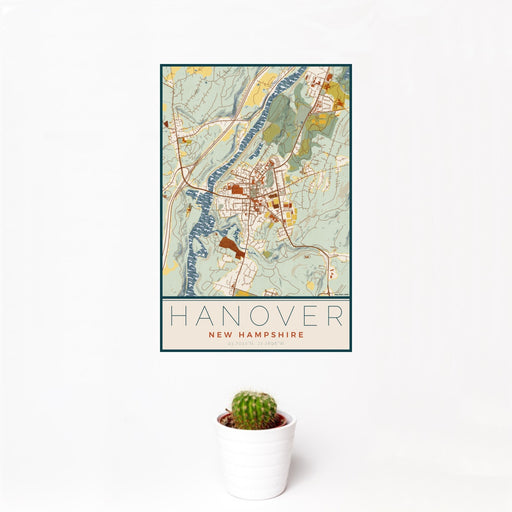 12x18 Hanover New Hampshire Map Print Portrait Orientation in Woodblock Style With Small Cactus Plant in White Planter