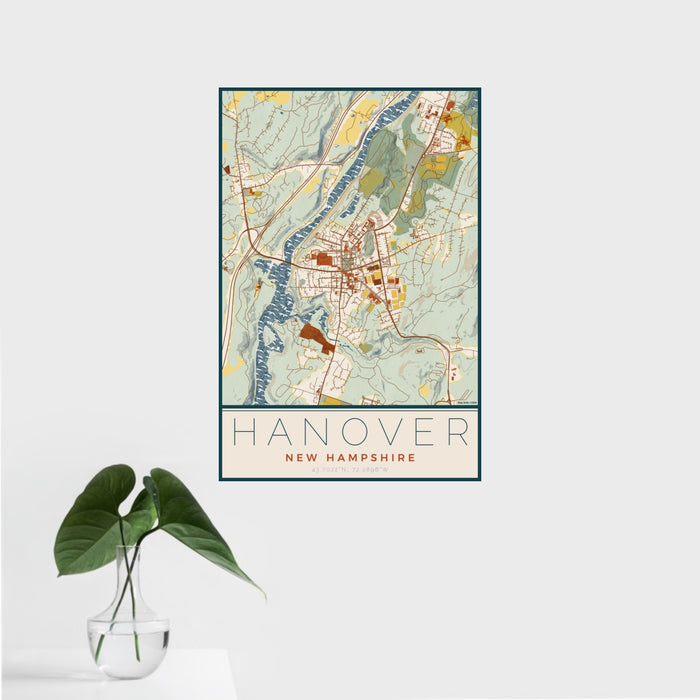 16x24 Hanover New Hampshire Map Print Portrait Orientation in Woodblock Style With Tropical Plant Leaves in Water