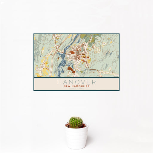 12x18 Hanover New Hampshire Map Print Landscape Orientation in Woodblock Style With Small Cactus Plant in White Planter