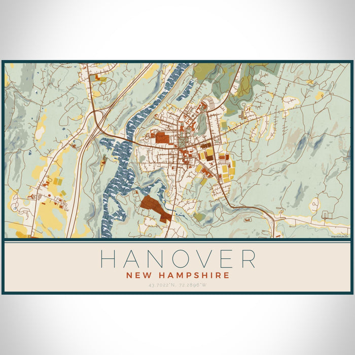 Hanover New Hampshire Map Print Landscape Orientation in Woodblock Style With Shaded Background