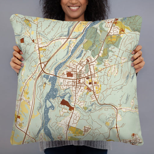 Person holding 22x22 Custom Hanover New Hampshire Map Throw Pillow in Woodblock