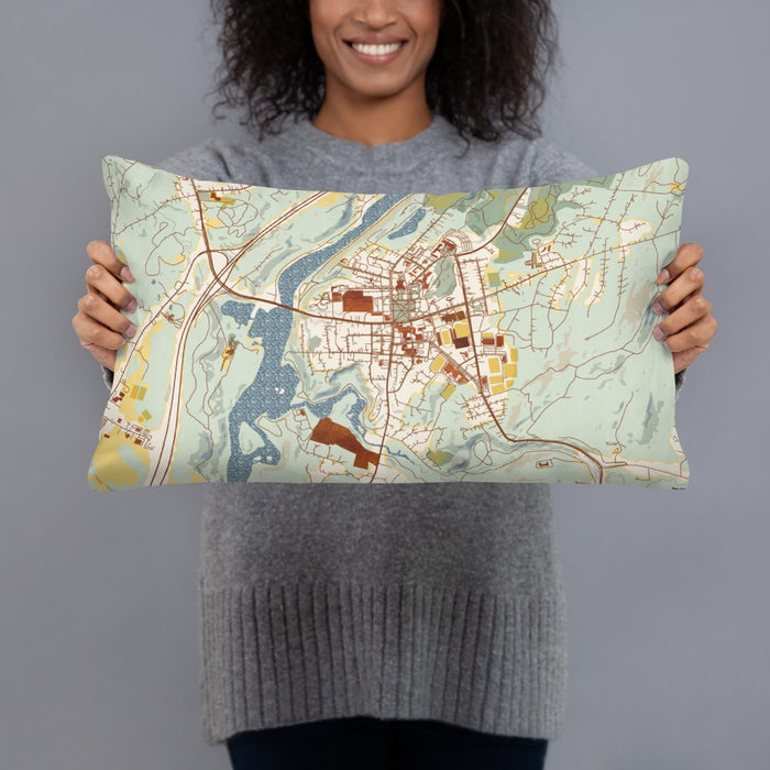 Person holding 20x12 Custom Hanover New Hampshire Map Throw Pillow in Woodblock