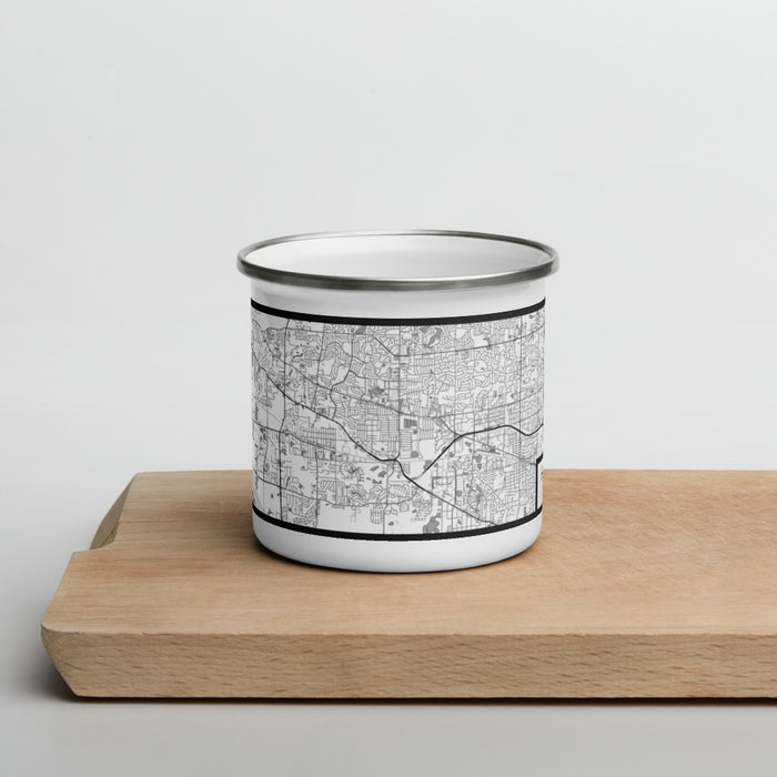 Front View Custom Hanover Park Illinois Map Enamel Mug in Classic on Cutting Board