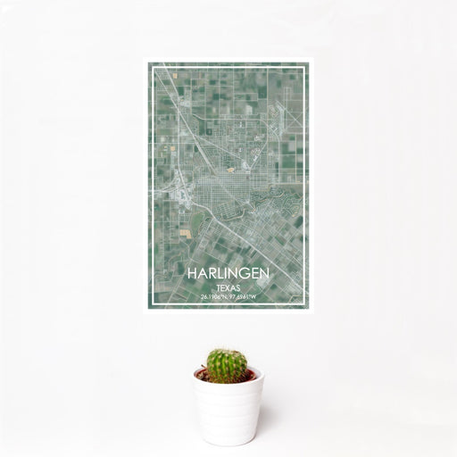 12x18 Harlingen Texas Map Print Portrait Orientation in Afternoon Style With Small Cactus Plant in White Planter