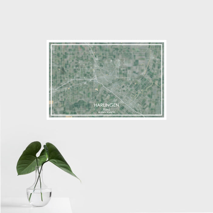 16x24 Harlingen Texas Map Print Landscape Orientation in Afternoon Style With Tropical Plant Leaves in Water