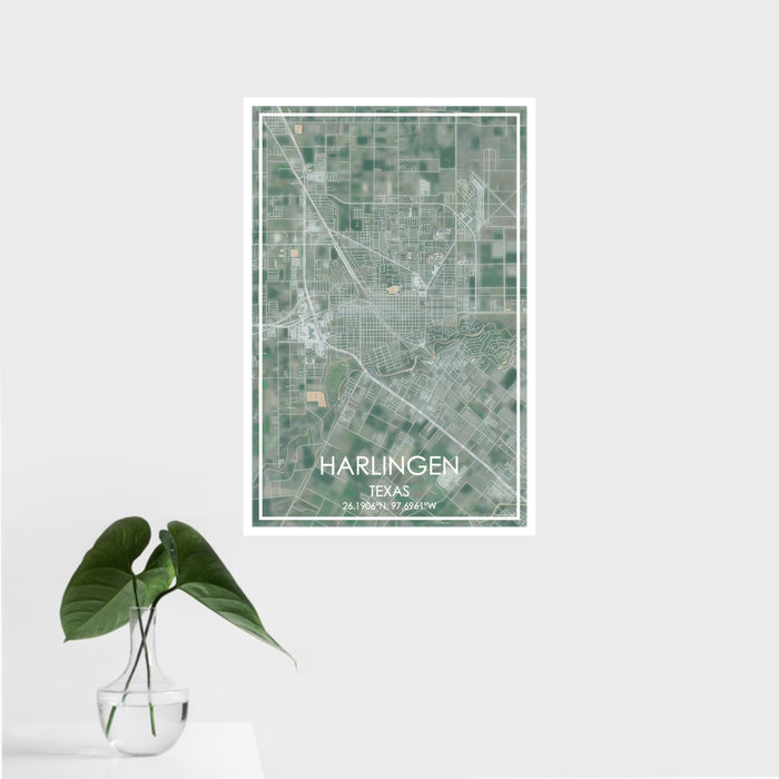 16x24 Harlingen Texas Map Print Portrait Orientation in Afternoon Style With Tropical Plant Leaves in Water