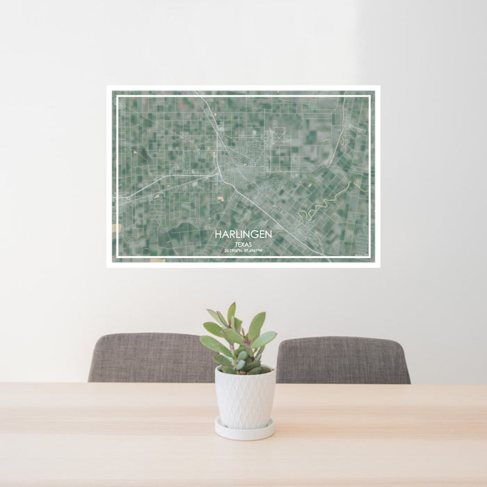 24x36 Harlingen Texas Map Print Lanscape Orientation in Afternoon Style Behind 2 Chairs Table and Potted Plant
