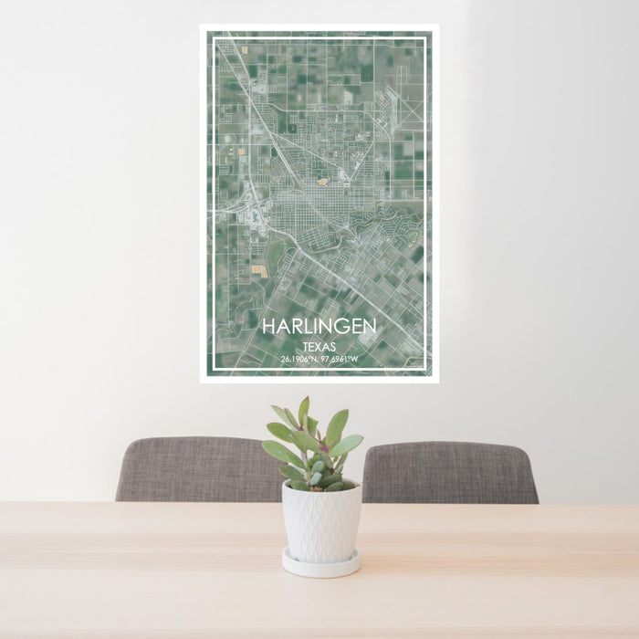 24x36 Harlingen Texas Map Print Portrait Orientation in Afternoon Style Behind 2 Chairs Table and Potted Plant