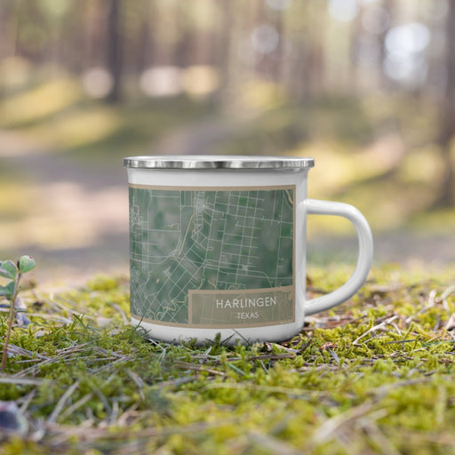 Right View Custom Harlingen Texas Map Enamel Mug in Afternoon on Grass With Trees in Background
