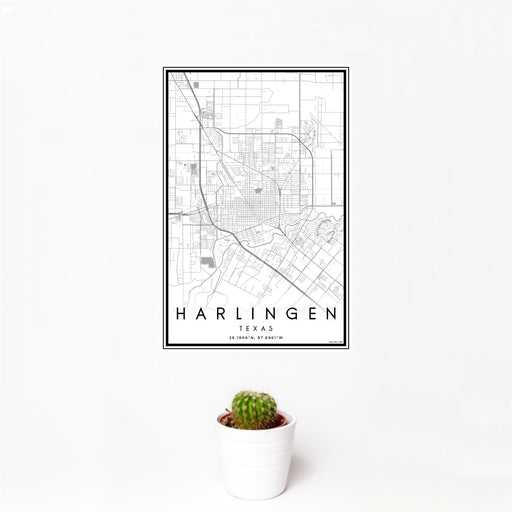 12x18 Harlingen Texas Map Print Portrait Orientation in Classic Style With Small Cactus Plant in White Planter