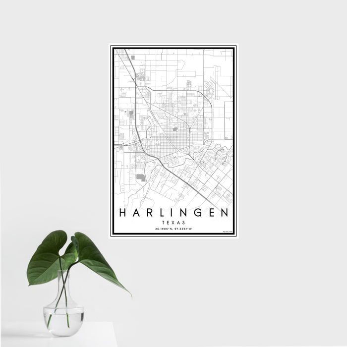 16x24 Harlingen Texas Map Print Portrait Orientation in Classic Style With Tropical Plant Leaves in Water