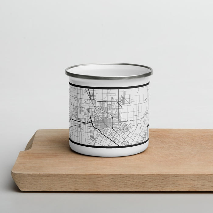 Front View Custom Harlingen Texas Map Enamel Mug in Classic on Cutting Board