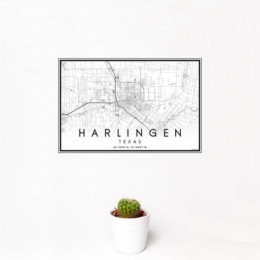 12x18 Harlingen Texas Map Print Landscape Orientation in Classic Style With Small Cactus Plant in White Planter