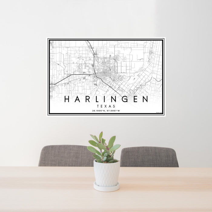 24x36 Harlingen Texas Map Print Landscape Orientation in Classic Style Behind 2 Chairs Table and Potted Plant