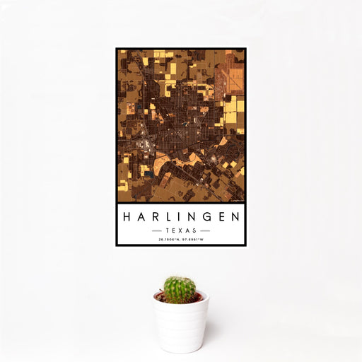 12x18 Harlingen Texas Map Print Portrait Orientation in Ember Style With Small Cactus Plant in White Planter