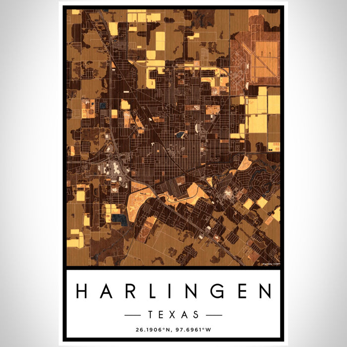 Harlingen Texas Map Print Portrait Orientation in Ember Style With Shaded Background