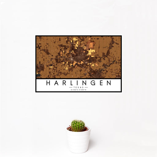 12x18 Harlingen Texas Map Print Landscape Orientation in Ember Style With Small Cactus Plant in White Planter