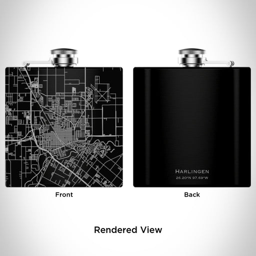 Rendered View of Harlingen Texas Map Engraving on 6oz Stainless Steel Flask in Black