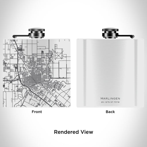 Rendered View of Harlingen Texas Map Engraving on 6oz Stainless Steel Flask in White