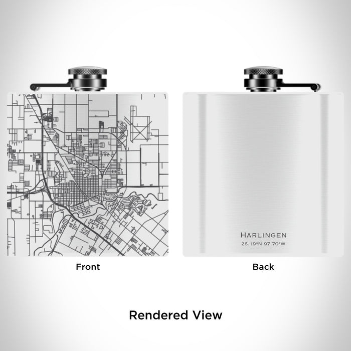 Rendered View of Harlingen Texas Map Engraving on 6oz Stainless Steel Flask in White