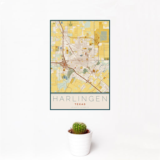 12x18 Harlingen Texas Map Print Portrait Orientation in Woodblock Style With Small Cactus Plant in White Planter
