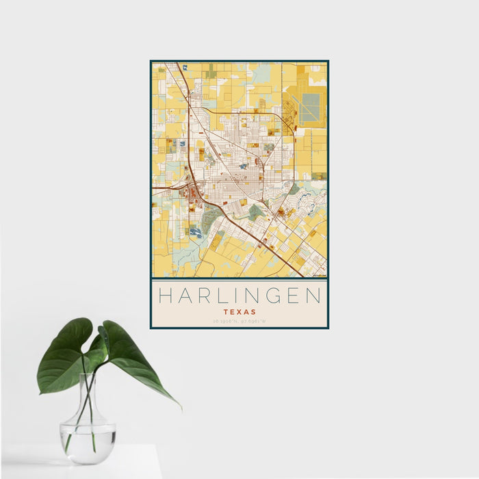 16x24 Harlingen Texas Map Print Portrait Orientation in Woodblock Style With Tropical Plant Leaves in Water