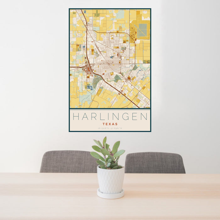24x36 Harlingen Texas Map Print Portrait Orientation in Woodblock Style Behind 2 Chairs Table and Potted Plant