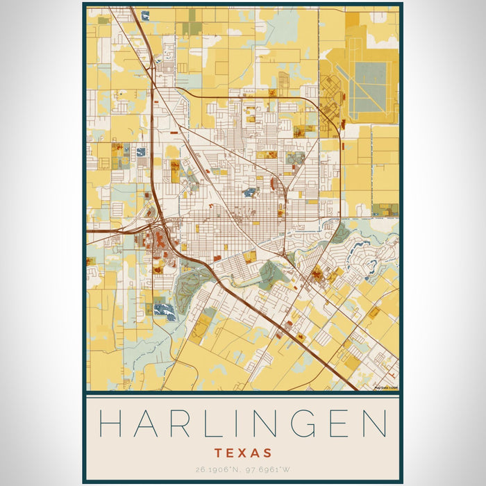 Harlingen Texas Map Print Portrait Orientation in Woodblock Style With Shaded Background