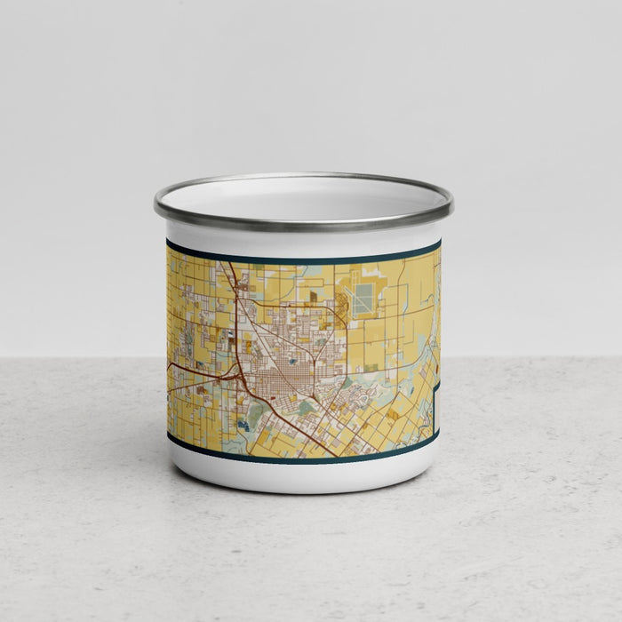 Front View Custom Harlingen Texas Map Enamel Mug in Woodblock