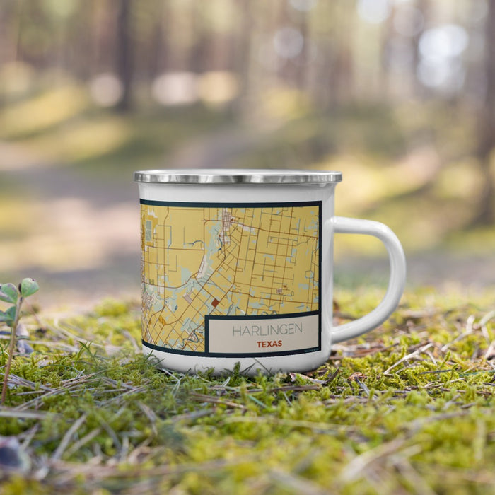 Right View Custom Harlingen Texas Map Enamel Mug in Woodblock on Grass With Trees in Background
