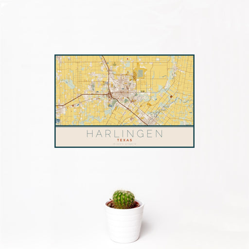 12x18 Harlingen Texas Map Print Landscape Orientation in Woodblock Style With Small Cactus Plant in White Planter